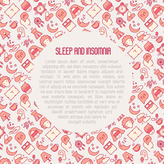 Sleep and insomnia concept with thin line icons: man in sleeping mask, comfortable pillow, alarm, aroma lamp, earplugs, sheep. Vector illustration for banner, web page, print media.