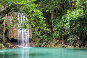 Erawan waterfall in deep forest at Erawan National Park, Kanchanaburi, Thailand.