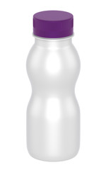 3D realistic render of milk or yogurt plastic bottle with violet lid on white background. Clipping path 