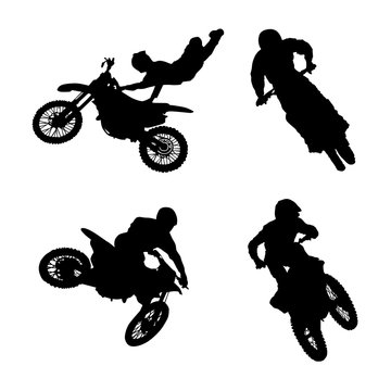 set of silhouette motocross rider badge logo design vector illustration