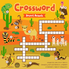 Crosswords puzzle game of desert animals for preschool kids activity worksheet colorful printable version. Vector Illustration.