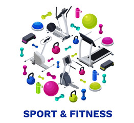 Isometric fitness poster with vector icons of sports equipment, colorful background with dumbells, platforms, bosu ball or half ball, bottle, set of workout accessories, template for flyer, banner