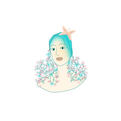 giovane donna con fiori in testa e farfalla su sfondo bianco