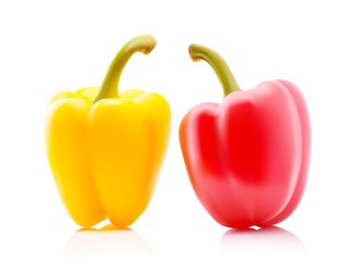 Two Colored Yellow and Red Sweet Bulgarian Bell Peppers, Paprika Isolated on White Background