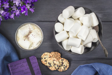 Marshmallows and hot cacao in a cup with cookies and notebook.  top view