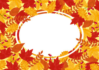Autumn Leaves Vector Rectangle Banner Template - Leaves and Wild rose buds