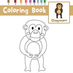 Coloring page of Chimpanzee animals for preschool kids activity educational worksheet. Vector Illustration.