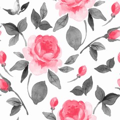 Hand drawn watercolor floral seamless pattern. Red flowers