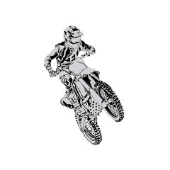 black and white motocross rider badge logo design vector illustration