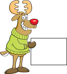 Cartoon illustration of a reindeer holding a sign.