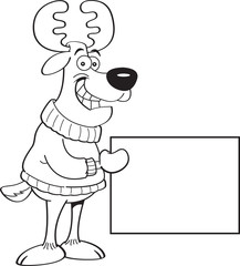 Black and white illustration of a reindeer holding a sign.
