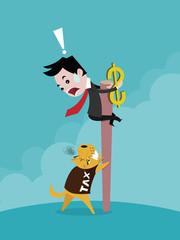 Businessman carrying dollar and climb on a wooden pole the dog in shirt tax, vector cartoon