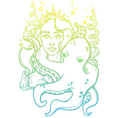 Obraz na płótnie Canvas cute vector art card with little princess mermaid. Sea statue of a girl. Princess with an octopus. linear tattoo illustration