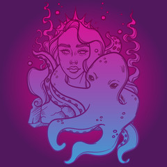 Obraz na płótnie Canvas cute vector art card with little princess mermaid. Sea statue of a girl. Princess with an octopus. linear tattoo illustration