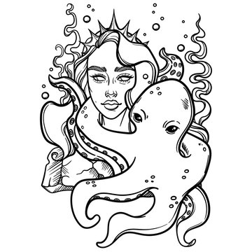 cute vector art card with little princess mermaid. Sea statue of a girl. Princess with an octopus. linear tattoo illustration