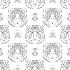 Obraz premium Tiger and bees. Seamless pattern, background. Outline hand drawing coloring page for adult coloring book. Stock line vector illustration. 