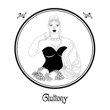 
Illustration with a well-fed woman and a meal on the theme of gluttony.
