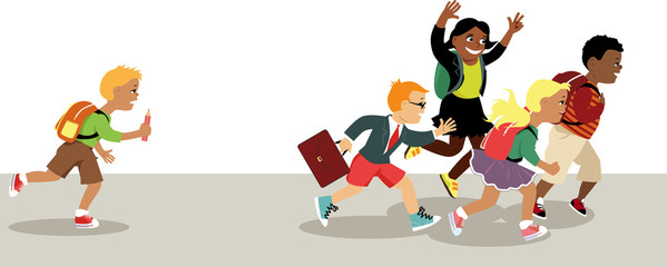 A boy unable to catch up with a group of running friends as a metaphor for academic struggle, EPS 8 vector illustration