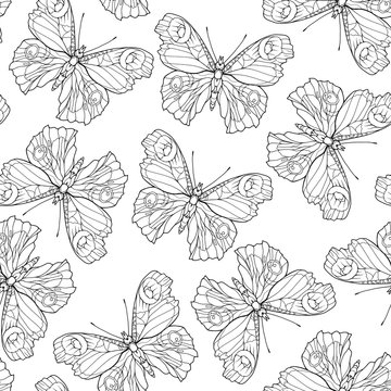 Butterflies. Seamless pattern, background. Outline hand drawing coloring page for adult coloring book. Stock line vector illustration.

