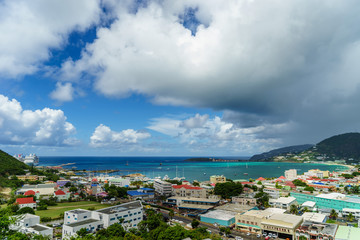 PHILIPSBURG, SINT MAARTEN - View of the port and beach from the high cliffs.