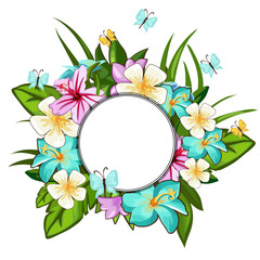 Beautiful wreath of different flowers, leaves and butterflies with circular frame for your text. Holiday concept. Vector illustration in cartoon style isolated on a white background