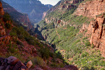 layered steep cliffs and  Redwall bridge at the bottom of Roaring Springs Canyon
North Rim, Grand Canyon National Park, Arizona, USA