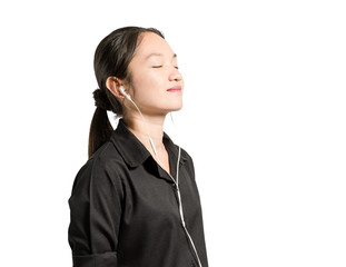 Portrait of a young business woman smiling with earbuds / headphone for listening to music or...