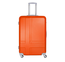 Orange suitcase isolated on white background. Polycarbonate suitcase isolated on white.
