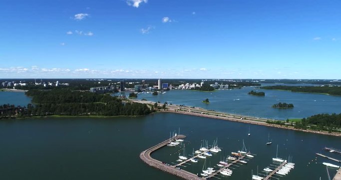Route 51, Cinema 4k aerial view towards keilaniemi and road 51, just outside Helsinki, at a sunny day, in Espoo, Uusimaa, Finland