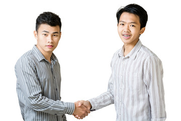 Portrait of two asian business man smiling and shaking hands. isolated on white background with clipping path.