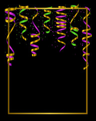 Gold frame with green, yellow and violet serpentine, ribbon and dust confetti isolated on black background