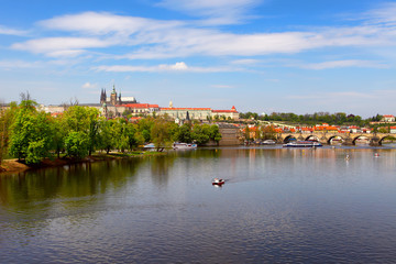 View of Charles Bridge and Prague Castle from the river Vltava