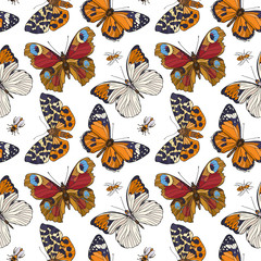 Butterflies and bees. Colorful seamless pattern, background.  Stock line vector illustration.
