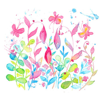 Bright and happy summer floral design drawn with watercolors.