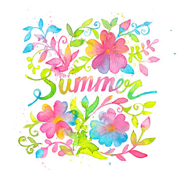 Bright and happy summer lettering design drawn with watercolors.