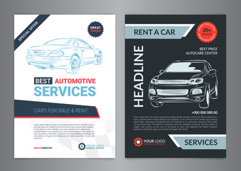 Set of AUTOMOTIVE SERVICES layout templates, cars for sale & rent brochure, mockup flyer. Vector illustration.