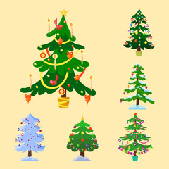 Pine tree cartoon green vector winter holiday needle leaf trunk fir plant natural design illustration