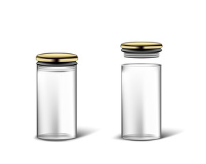 glass can bank set with a gold lid. Packing for loose products  for kitchen. Bank for sugar, salt, pepper and spices. For spaghetti. Template For Mockup Your Design. vector illustration.
