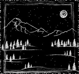 A chalk drawing is a winter forest and mountains on a moonlit night. 