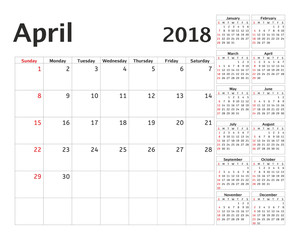 Simple calendar planner for 2018 year. Vector design April template. Set of 12 months. Week starts sunday. Calendar planning week.