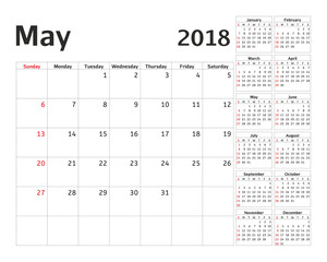 Simple calendar planner for 2018 year. Vector design May template. Set of 12 months. Week starts sunday. Calendar planning week.