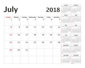 Simple calendar planner for 2018 year. Vector design July template. Set of 12 months. Week starts sunday. Calendar planning week.
