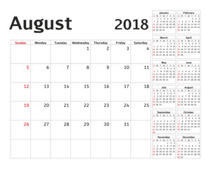 Simple calendar planner for 2018 year. Vector design August template. Set of 12 months. Week starts sunday. Calendar planning week.