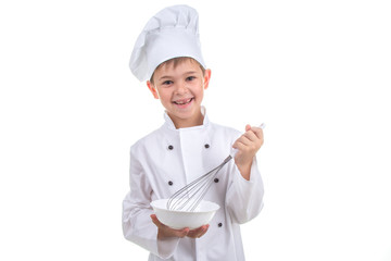 Happy little chef mixing something with a whisk, on white background.