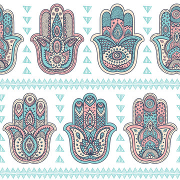 Vector Indian hand drawn hamsa seamless pattern