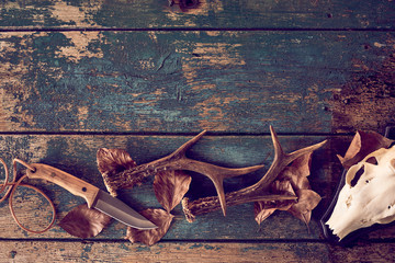 Hunting concept with antlers, knife, skull