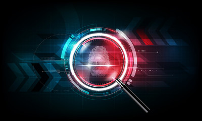 Fingerprint scan and magnifying glass with abstract Futuristic Technology Background, Security system concept, vector illustration