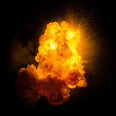 Realistic fiery explosion with sparks over a black background - obrazy, fototapety, plakaty
