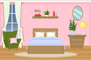 The interior of the bedroom. Cozy room with furniture. Cartoon. Vector. - 166358780