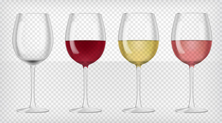 Set of realistic transparent wine glasses